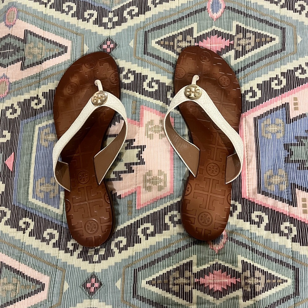 Tory Burch Cream and Gold Flip Flop Sandals